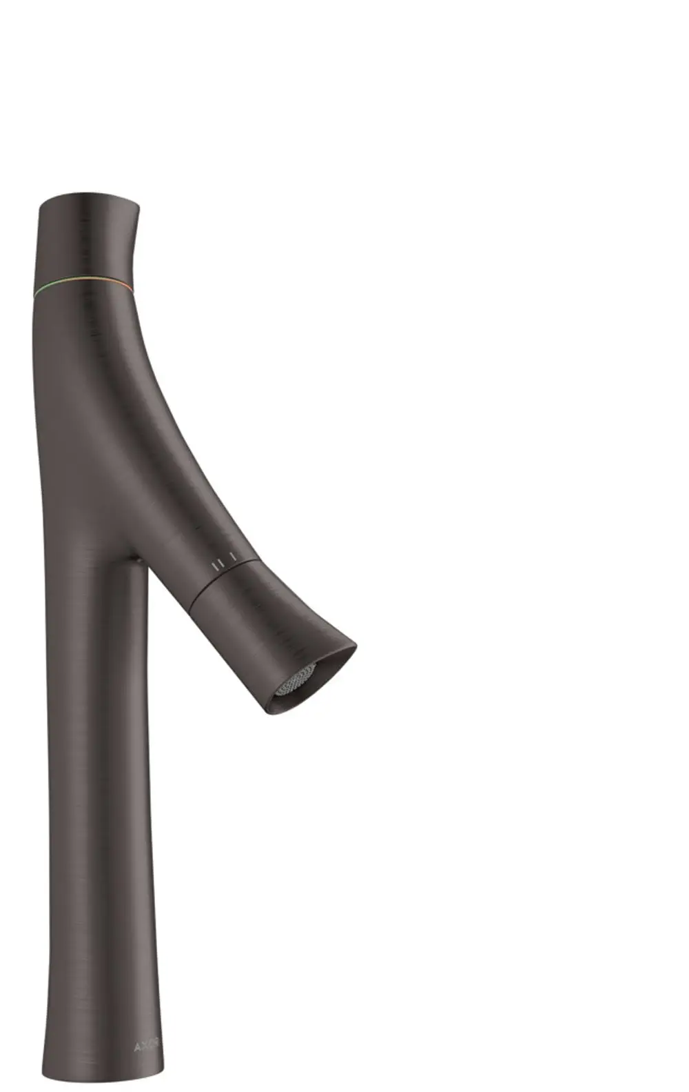 Waschtischmischer von AXOR mit zwei Griffen, in Brushed Black Chrome, für Aufsatzwaschtische, mit einem ausgefallenen, organischen Design und einem schmalen Auslauf.